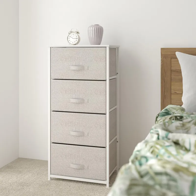 Direct From Manufacturer 4 Drawer Wood Top White Cast Iron Frame Vertical Storage Dresser With Light Gray Easy Pull Fabric Drawers By Flash Furniture - White , Gray