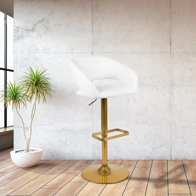 Save Now Contemporary White Vinyl Adjustable Height Barstool With Rounded Mid-Back And Gold Base By Flash Furniture - White