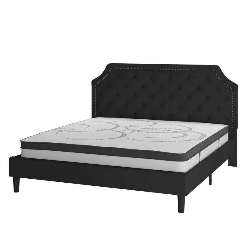 Luxury Brighton King Size Tufted Upholstered Platform Bed In Black Fabric With 10 Inch Certipur-Us Certified Pocket Spring Mattress By Flash Furniture - Black