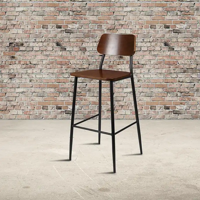 Industrial Barstool With Gunmetal Steel Frame And Rustic Wood Seat By Flash Furniture - Mahogany Big Sale