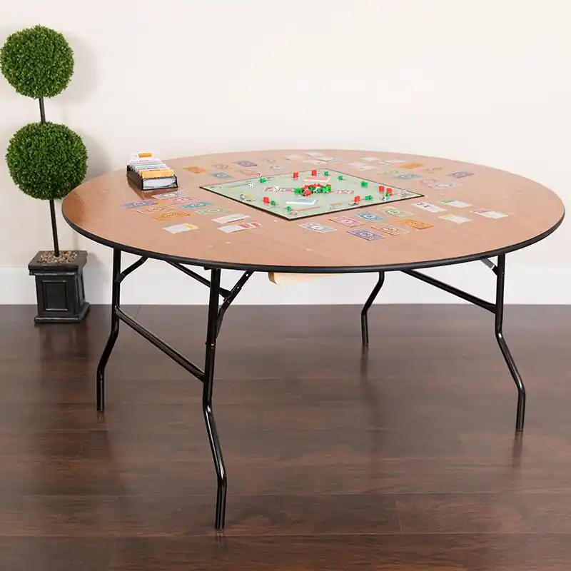 Trusted Brand 5-Foot Round Wood Folding Banquet Table With Clear Coated Finished Top By Flash Furniture - Natural