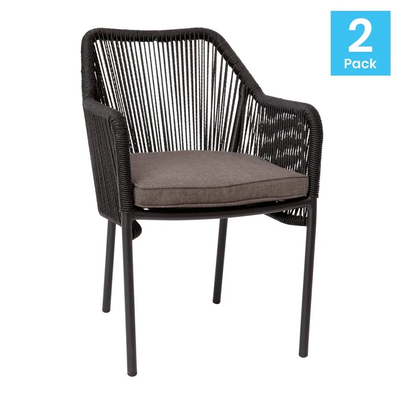Weekend Sale Kallie Set Of 2 All-Weather Black Woven Stacking Club Chairs With Rounded Arms & Gray Zippered Seat Cushions By Flash Furniture - Black , Gray