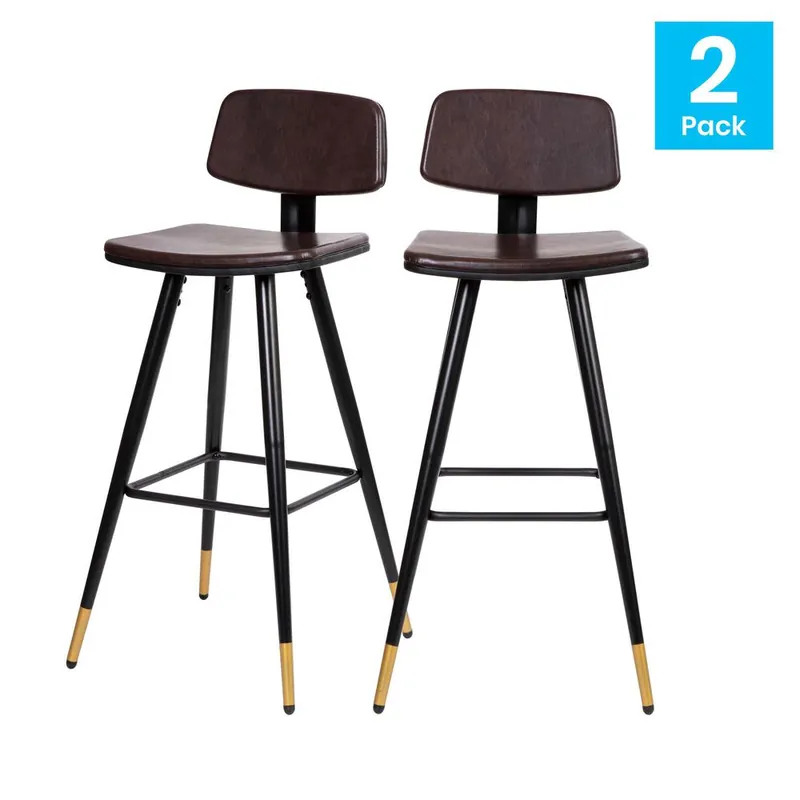 Kora Commercial Grade Low Back Barstools-Brown Leathersoft Upholstery-Black Iron Frame-Integrated Footrest-Gold Tipped Legs-Set Of 2 By Flash Furniture - Brown Holiday Sale