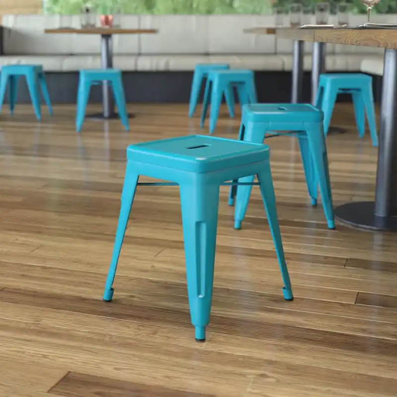 18" Table Height Stool, Stackable Backless Metal Indoor Dining Stool, Commercial Grade Restaurant Stool In Teal - Set Of 4 By Flash Furniture - Teal Bargain