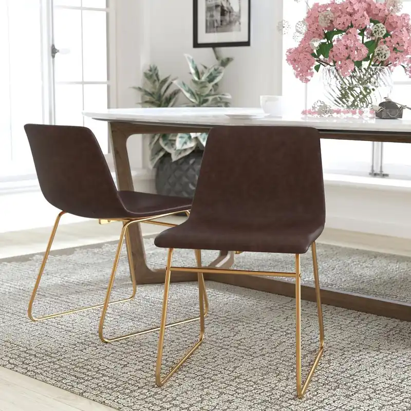 18 Inch Dining Table Height Chair, Mid-Back Sled Base Dining Chair In Dark Brown Leathersoft With Gold Frame, Set Of 2 By Flash Furniture - Dark Brown LeatherSoft , Gold Frame Deal