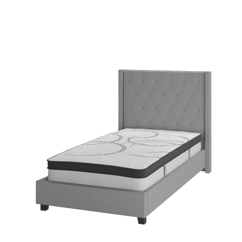 Riverdale Twin Size Tufted Upholstered Platform Bed In Light Gray Fabric With 10 Inch Certipur-Us Certified Pocket Spring Mattress By Flash Furniture - Light Gray New Release