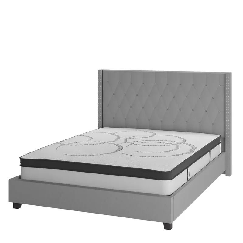 Riverdale King Size Tufted Upholstered Platform Bed In Light Gray Fabric With 10 Inch Certipur-Us Certified Pocket Spring Mattress By Flash Furniture - Light Gray Top Rated