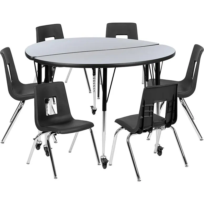 Hot Deal Mobile 47.5" Circle Wave Collaborative Laminate Activity Table Set With 16" Student Stack Chairs, Grey/Black By Flash Furniture - Grey