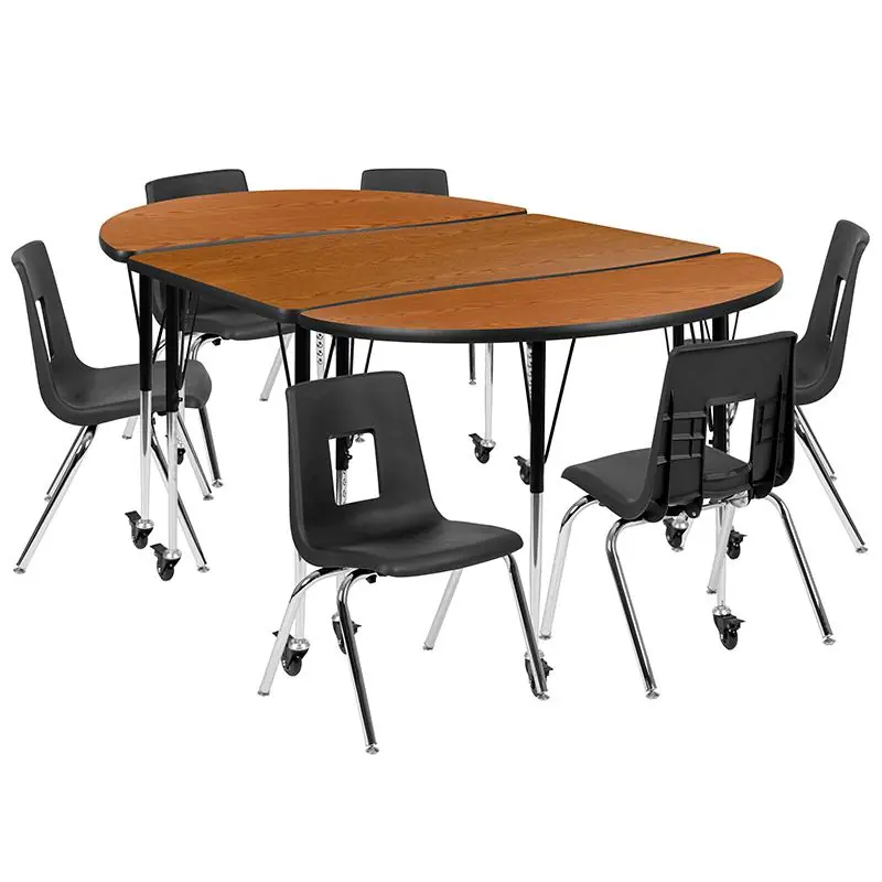 Viral Mobile 76" Oval Wave Collaborative Laminate Activity Table Set With 16" Student Stack Chairs, Oak/Black By Flash Furniture - Oak