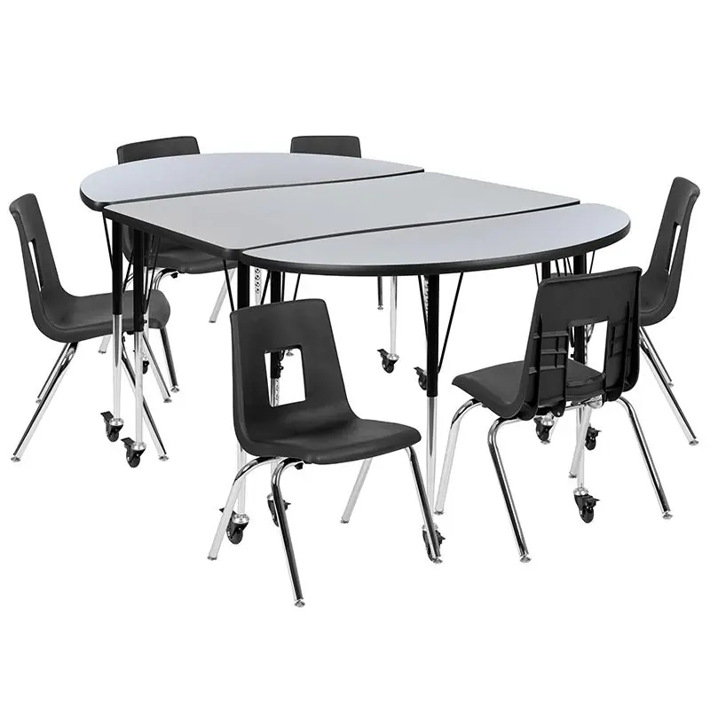 Mobile 76" Oval Wave Collaborative Laminate Activity Table Set With 16" Student Stack Chairs, Grey/Black By Flash Furniture - Grey Money Back Guarantee