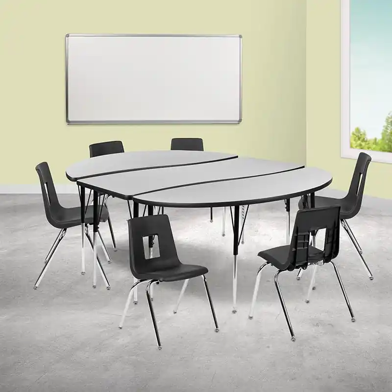 86" Oval Wave Collaborative Laminate Activity Table Set With 18" Student Stack Chairs, Grey/Black By Flash Furniture - Grey Top Rated