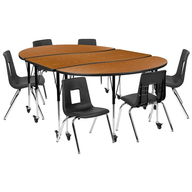 Free Delivery Mobile 86" Oval Wave Collaborative Laminate Activity Table Set With 16" Student Stack Chairs, Oak/Black By Flash Furniture - Oak