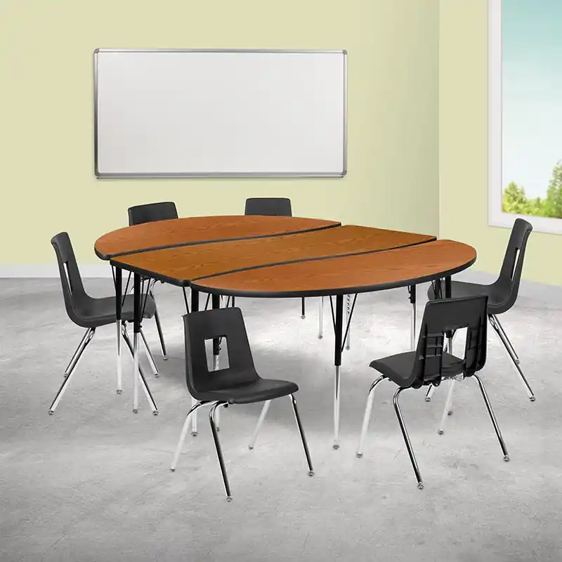 Buy Today 86" Oval Wave Collaborative Laminate Activity Table Set With 18" Student Stack Chairs, Oak/Black By Flash Furniture - Oak