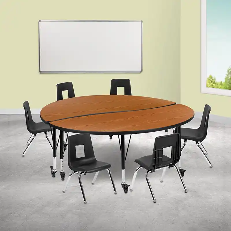 Fast Shipping Mobile 60" Circle Wave Collaborative Laminate Activity Table Set With 14" Student Stack Chairs, Oak/Black By Flash Furniture - Oak