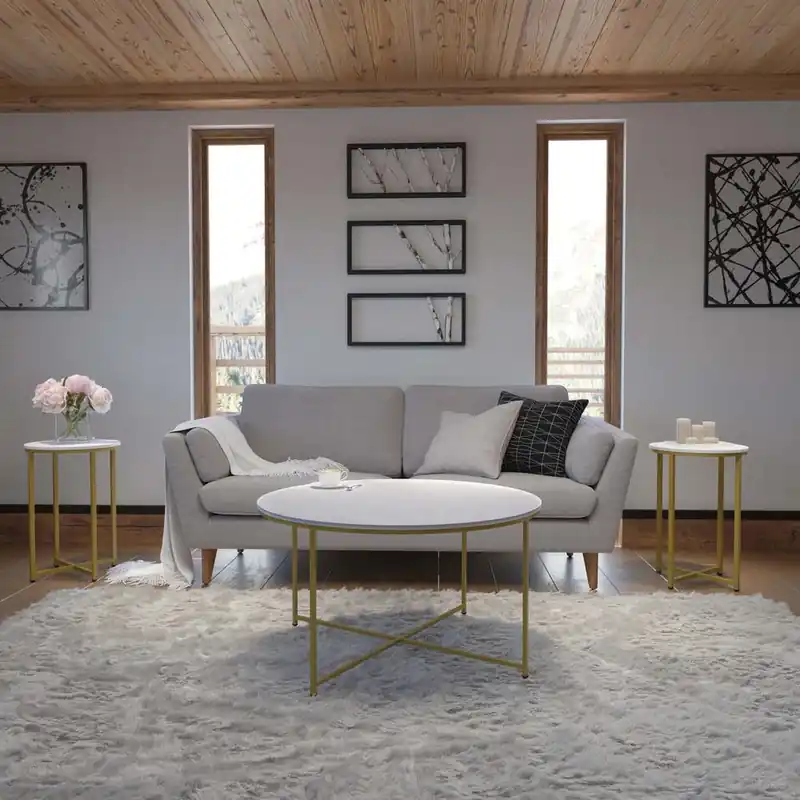 Final Sale Hampstead Collection Coffee And End Table Set - White Marbled Laminate Top & Matte Gold Crisscross Frame, 3 Piece Table Set By Flash Furniture - White Marble , Matte Gold