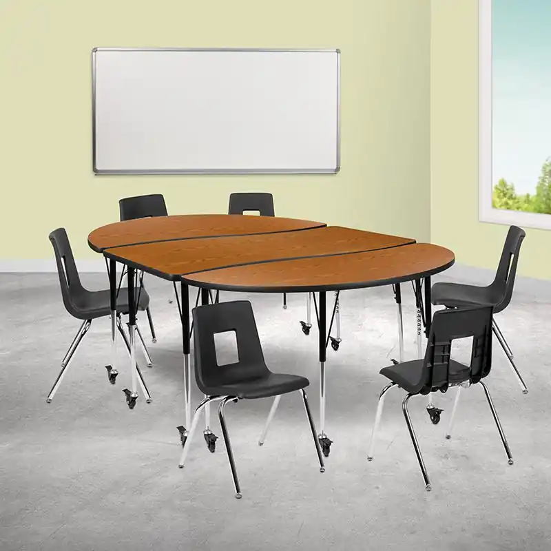 Limited Offer Mobile 86" Oval Wave Collaborative Laminate Activity Table Set With 18" Student Stack Chairs, Oak/Black By Flash Furniture - Oak