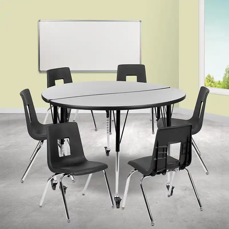 Mobile 47.5" Circle Wave Collaborative Laminate Activity Table Set With 18" Student Stack Chairs, Grey/Black By Flash Furniture - Grey Super Sale
