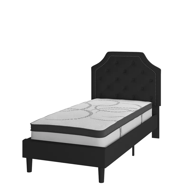 Brighton Twin Size Tufted Upholstered Platform Bed In Black Fabric With 10 Inch Certipur-Us Certified Pocket Spring Mattress By Flash Furniture - Black Same Day Shipping