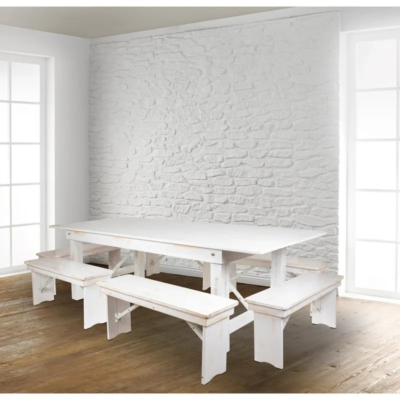 Money Back Guarantee Hercules Series 8' X 40" Antique Rustic White Folding Farm Table And Six Bench Set By Flash Furniture - Antique Rustic White