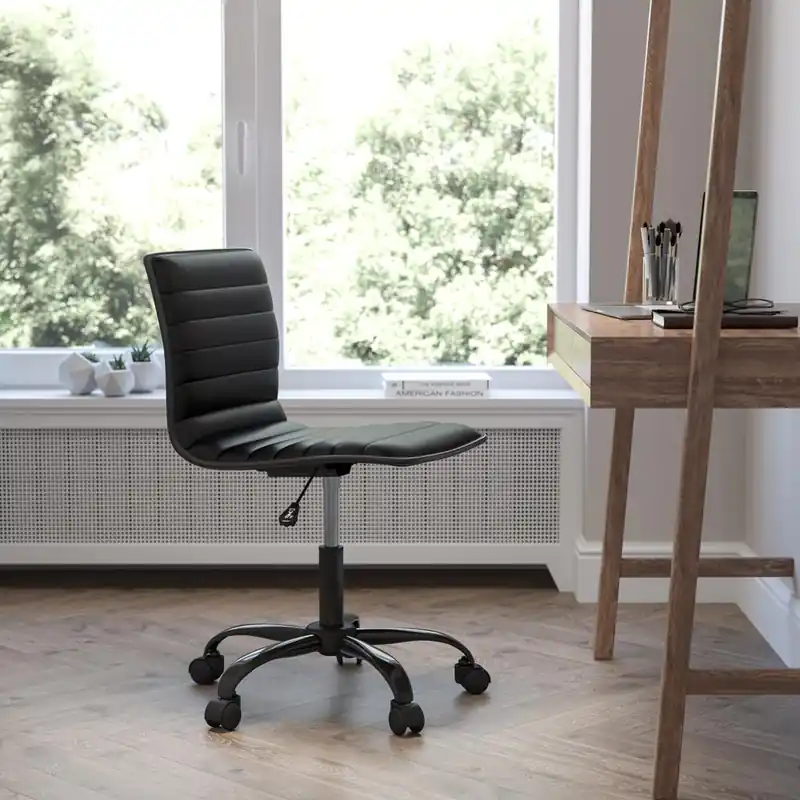 Low Back Designer Armless Black Ribbed Swivel Task Office Chair With Black Frame And Base By Flash Furniture - Black Vinyl , Black Frame Place Order