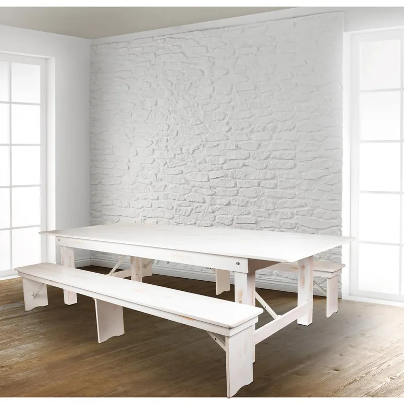Genuine Hercules Series 9' X 40" Antique Rustic White Folding Farm Table And Two Bench Set By Flash Furniture - Antique Rustic White