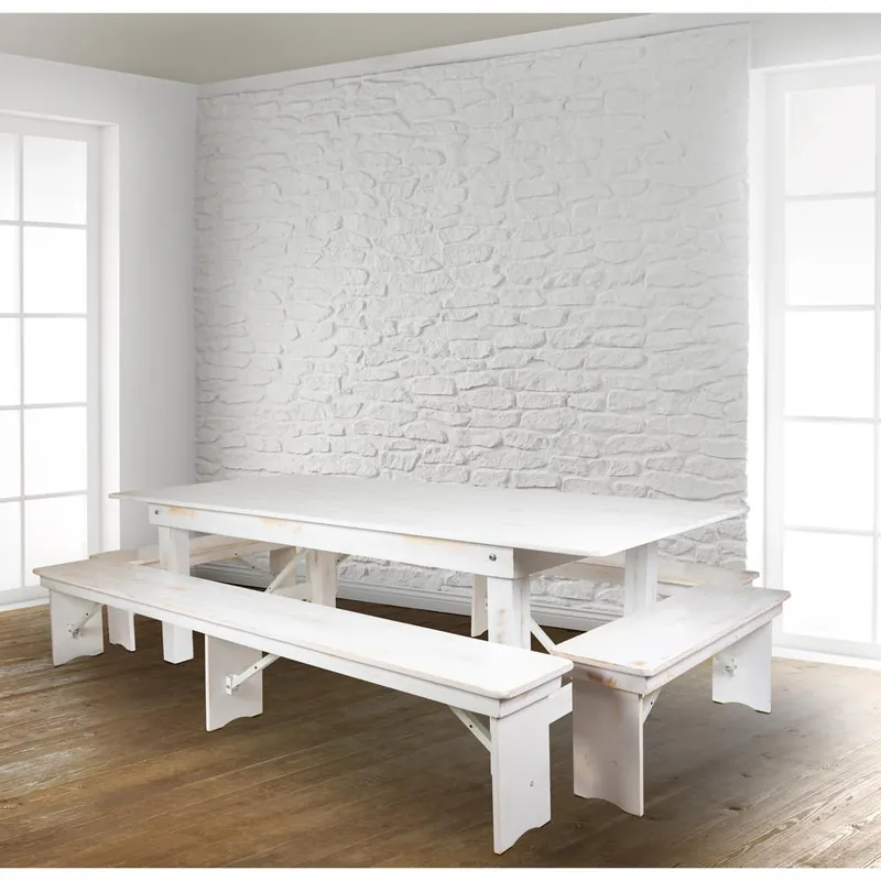 Trending Hercules Series 8' X 40" Antique Rustic White Folding Farm Table And Four Bench Set By Flash Furniture - Antique Rustic White
