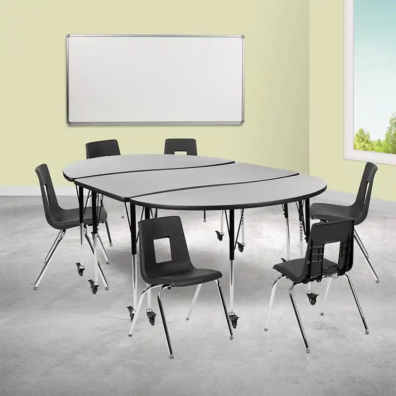 Mobile 86" Oval Wave Collaborative Laminate Activity Table Set With 18" Student Stack Chairs, Grey/Black By Flash Furniture - Grey Free Delivery