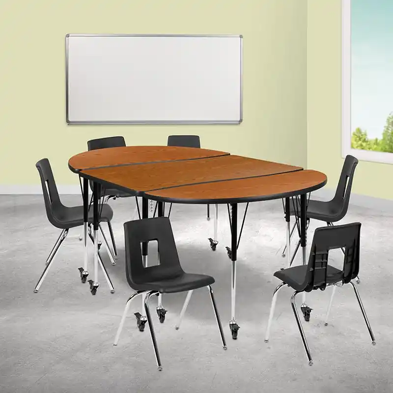 Mobile 76" Oval Wave Collaborative Laminate Activity Table Set With 18" Student Stack Chairs, Oak/Black By Flash Furniture - Oak Final Sale