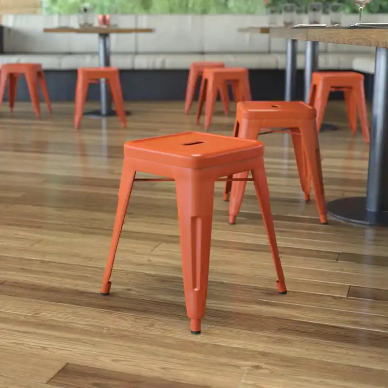 18" Table Height Stool, Stackable Backless Metal Indoor Dining Stool, Commercial Grade Restaurant Stool In Orange - Set Of 4 By Flash Furniture - Orange Money Back Guarantee