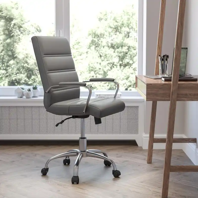 Crafted Mid-Back Gray Leathersoft Executive Swivel Office Chair With Chrome Frame And Arms By Flash Furniture - Gray LeatherSoft , Chrome Frame