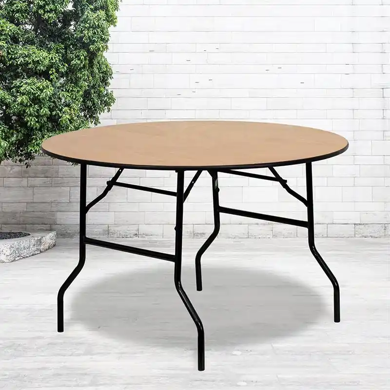 Get Yours 4-Foot Round Wood Folding Banquet Table With Clear Coated Finished Top By Flash Furniture - Natural