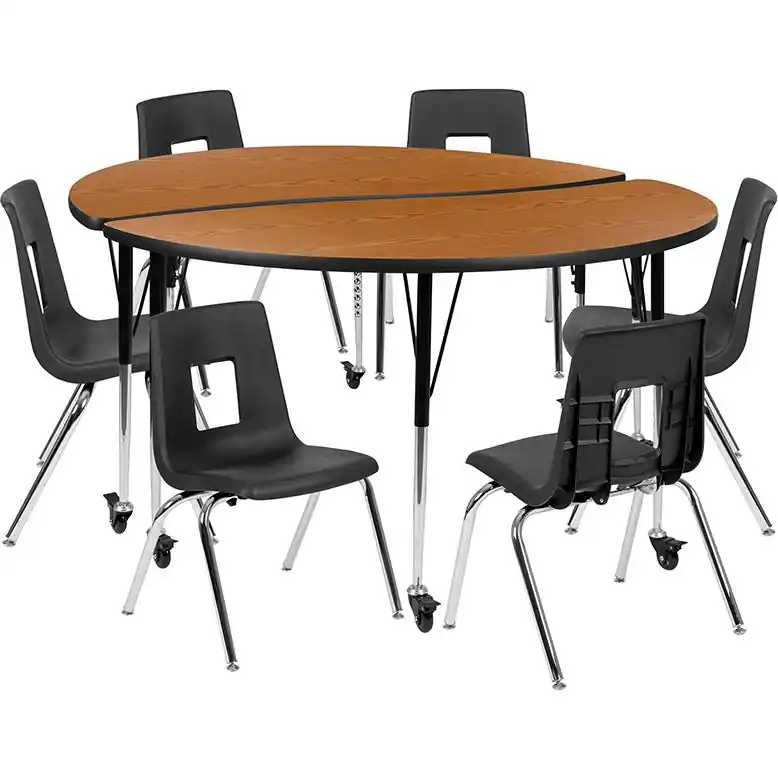 Limited Edition Mobile 60" Circle Wave Collaborative Laminate Activity Table Set With 16" Student Stack Chairs, Oak/Black By Flash Furniture - Oak