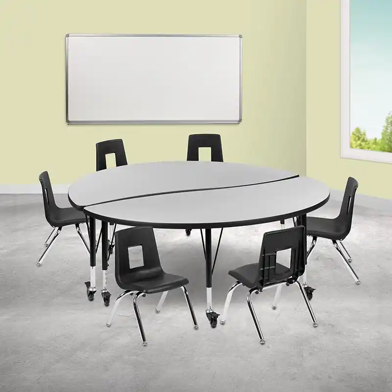 Trusted Brand Mobile 60" Circle Wave Collaborative Laminate Activity Table Set With 14" Student Stack Chairs, Grey/Black By Flash Furniture - Grey
