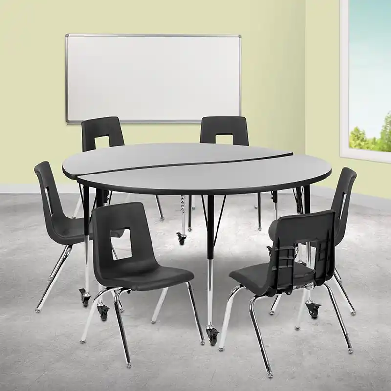 Mobile 60" Circle Wave Collaborative Laminate Activity Table Set With 18" Student Stack Chairs, Grey/Black By Flash Furniture - Grey Best Seller