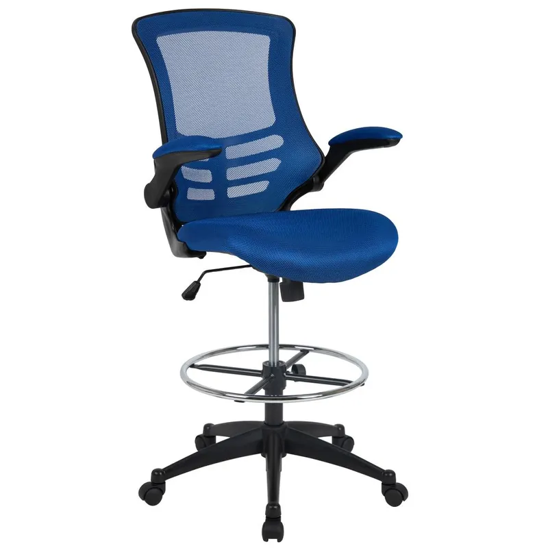Deal Mid-Back Blue Mesh Ergonomic Drafting Chair With Adjustable Foot Ring And Flip-Up Arms By Flash Furniture - Blue Mesh