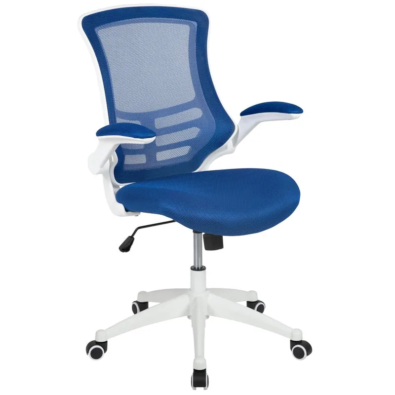 Hot Deal Mid-Back Blue Mesh Swivel Ergonomic Task Office Chair With White Frame And Flip-Up Arms By Flash Furniture - Blue Mesh , White Frame