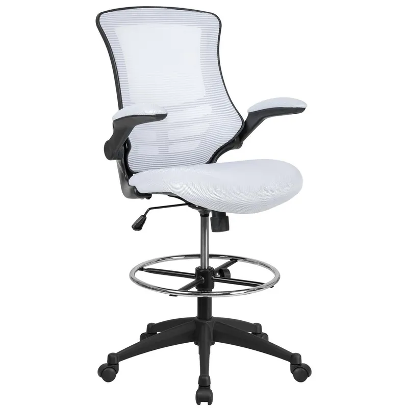 One Day Deal Mid-Back White Mesh Ergonomic Drafting Chair With Adjustable Foot Ring And Flip-Up Arms By Flash Furniture - White Mesh
