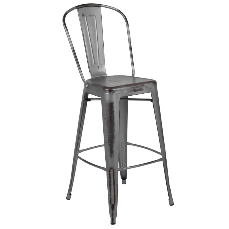 Commercial Grade 30" High Distressed Silver Gray Metal Indoor-Outdoor Barstool With Back By Flash Furniture - Silver Gray Money Back Guarantee