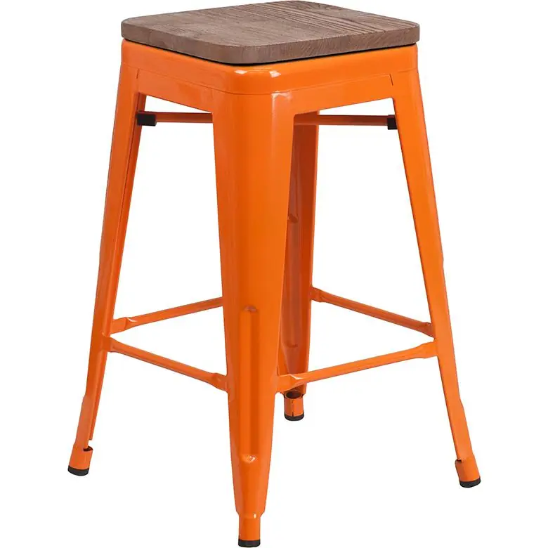 Hassle-Free Returns 24" High Backless Orange Metal Counter Height Stool With Square Wood Seat By Flash Furniture - Orange