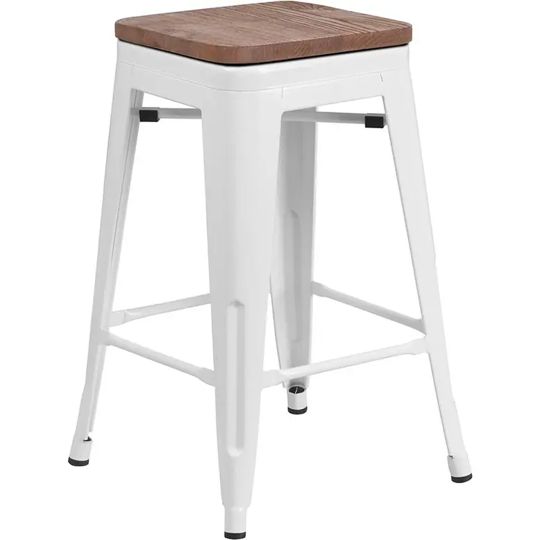 24" High Backless White Metal Counter Height Stool With Square Wood Seat By Flash Furniture - White Fast Shipping