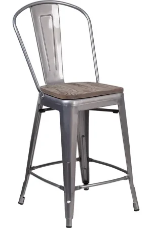 24" High Clear Coated Counter Height Stool With Back And Wood Seat By Flash Furniture - Clear Coated Cheap