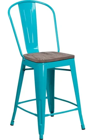 24" High Crystal Teal-Blue Metal Counter Height Stool With Back And Wood Seat By Flash Furniture - Crystal Teal-Blue Popular