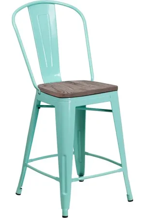 24" High Mint Green Metal Counter Height Stool With Back And Wood Seat By Flash Furniture - Mint Green Hot Deal