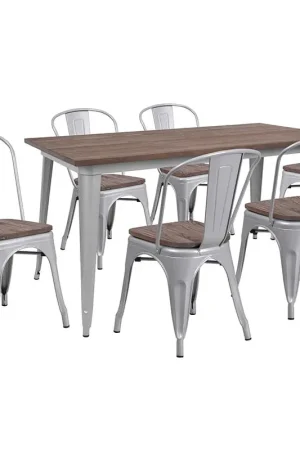 30.25" X 60" Silver Metal Table Set With Wood Top And 6 Stack Chairs By Flash Furniture - Silver Special Discount