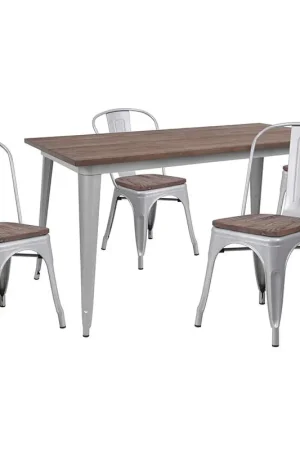 30.25" X 60" Silver Metal Table Set With Wood Top And 4 Stack Chairs By Flash Furniture - Silver Sale
