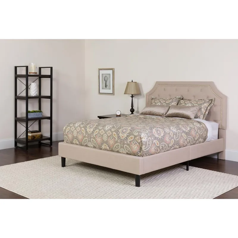 Next Day Delivery Brighton Queen Size Tufted Upholstered Platform Bed In Beige Fabric With Memory Foam Mattress By Flash Furniture - Beige