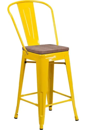 24" High Yellow Metal Counter Height Stool With Back And Wood Seat By Flash Furniture - Yellow Limited Offer