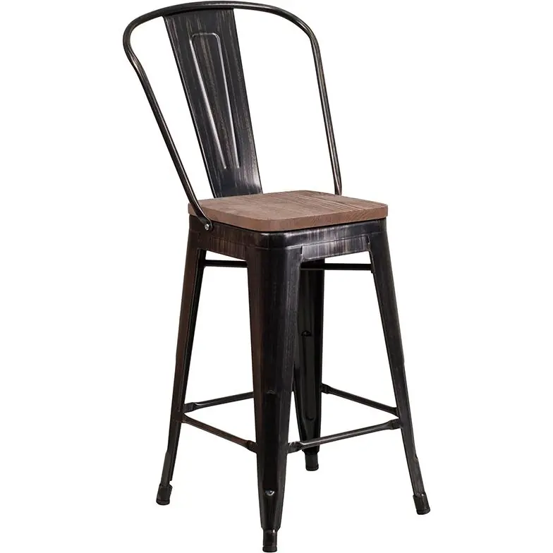 24" High Black-Antique Gold Metal Counter Height Stool With Back And Wood Seat By Flash Furniture - Black-Antique Gold Best Price