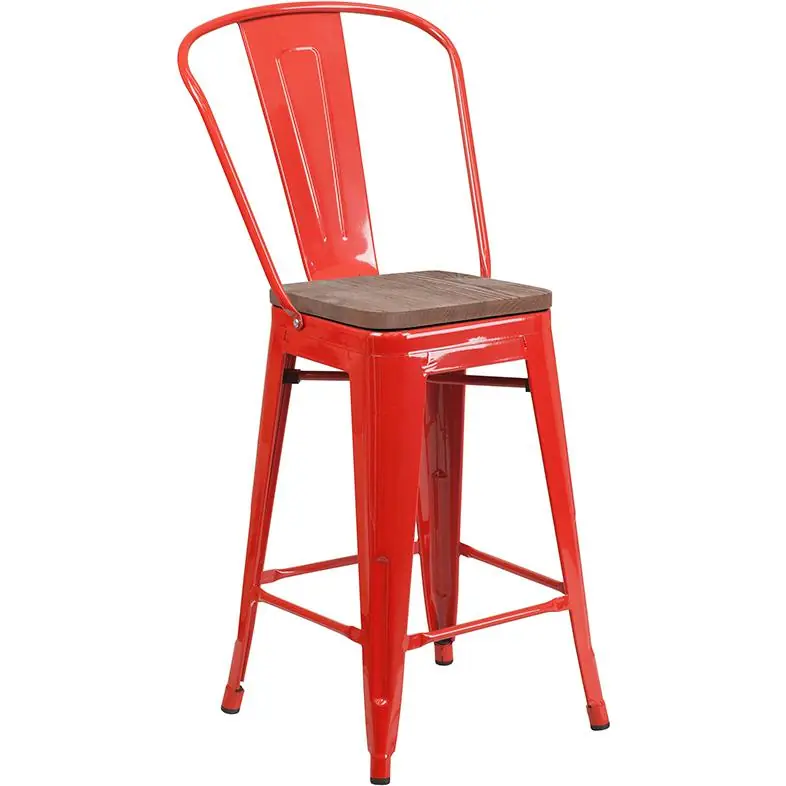 Instant Buy 24" High Red Metal Counter Height Stool With Back And Wood Seat By Flash Furniture - Red