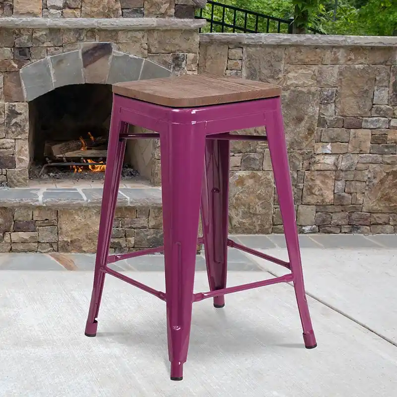 Luxury 24" High Backless Purple Counter Height Stool With Square Wood Seat By Flash Furniture - Purple